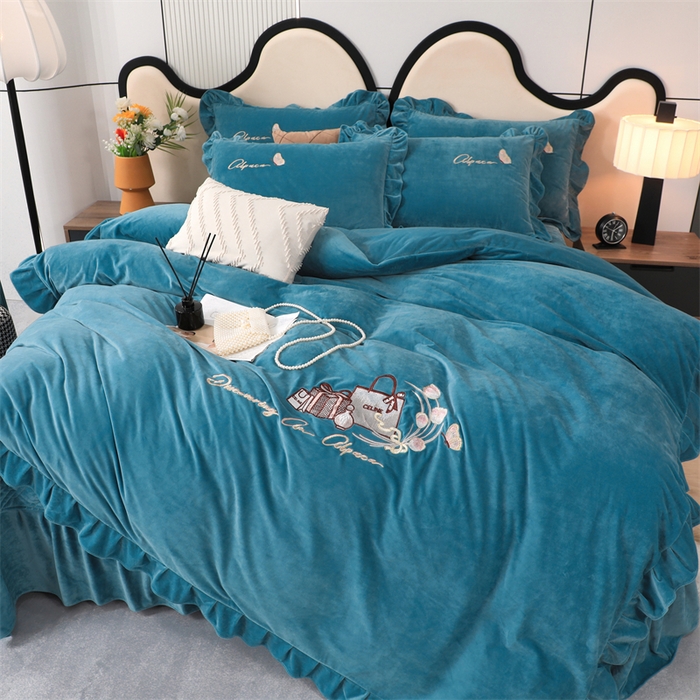 91家纺网 家纺一手货源 找家纺 优姿家纺 2024新品宝宝绒11斤夹棉床盖保暖四件套 小资生活-宝石蓝