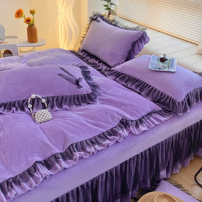 91家纺网 家纺一手货源 找家纺 言熙居 2024新款牛奶绒蕾丝花边黑纱四件套 蕾丝-小清新紫