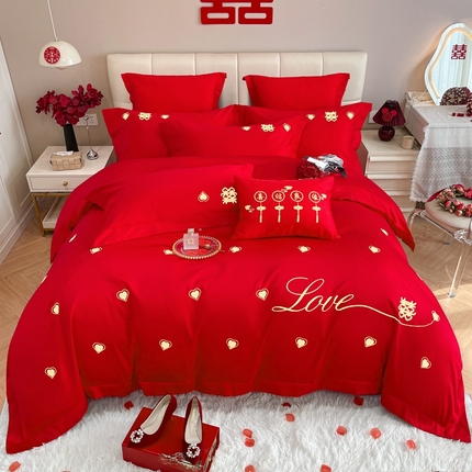 金麦家纺 2024新款婚庆加厚亲肤棉刺绣套件婚庆四件套六件套小红书推荐 挚爱