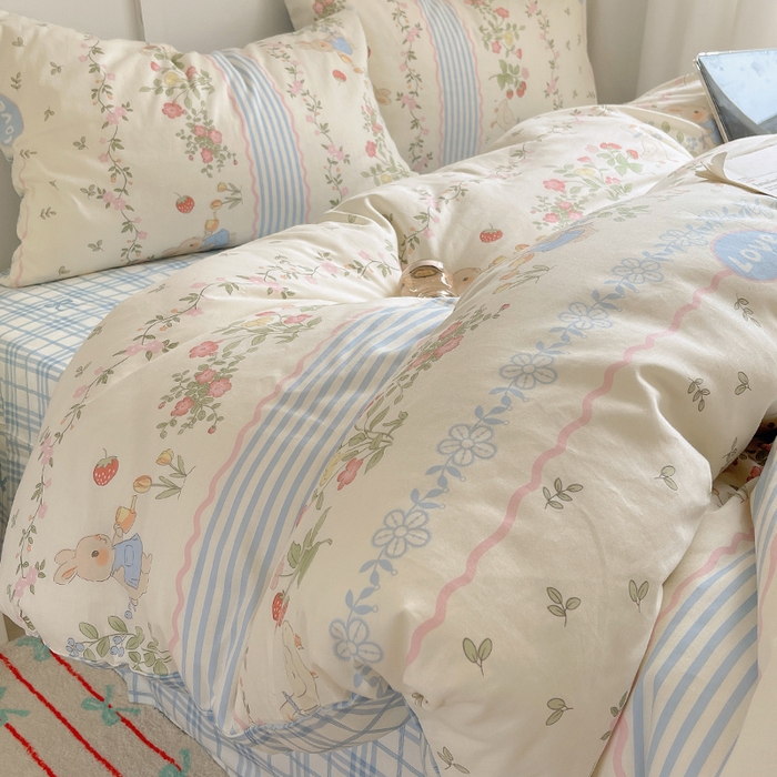 91家纺网 家纺一手货源 找家纺 瑞莱 （持续上新）2024开学季全棉萌趣印花四件套 花边可爱兔