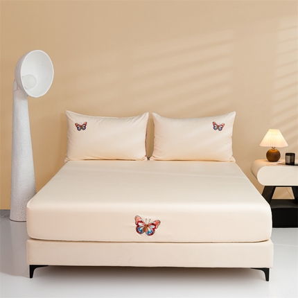 蓝米卡夫 2024新款A类100支全棉刺绣蝶恋系列单床笠三件套 蝶恋100支-浅茶杏