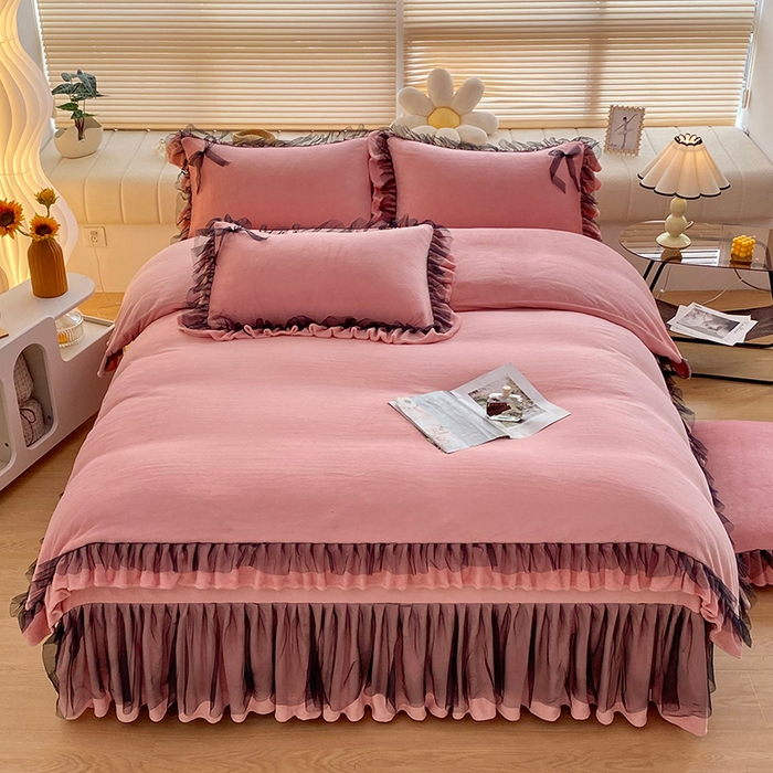 91家纺网 家纺一手货源 找家纺 言熙居 2024新款牛奶绒蕾丝花边黑纱四件套 蕾丝-小清新玉