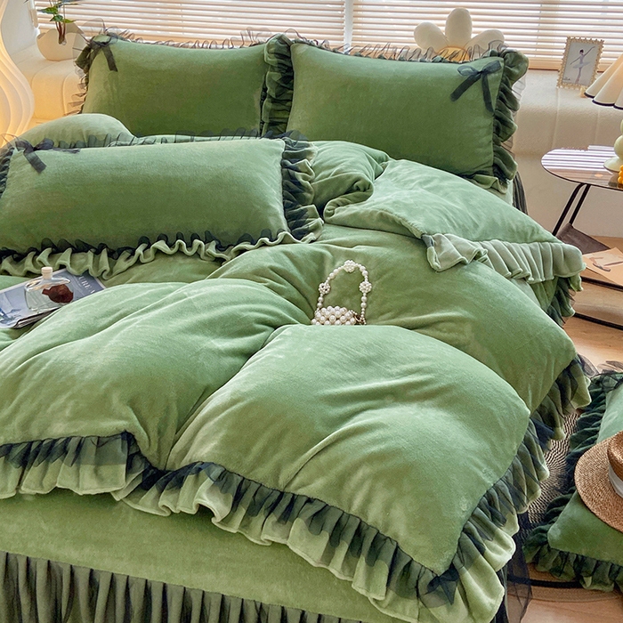 91家纺网 家纺一手货源 找家纺 言熙居 2024新款牛奶绒蕾丝花边黑纱四件套 蕾丝-小清新抹茶绿