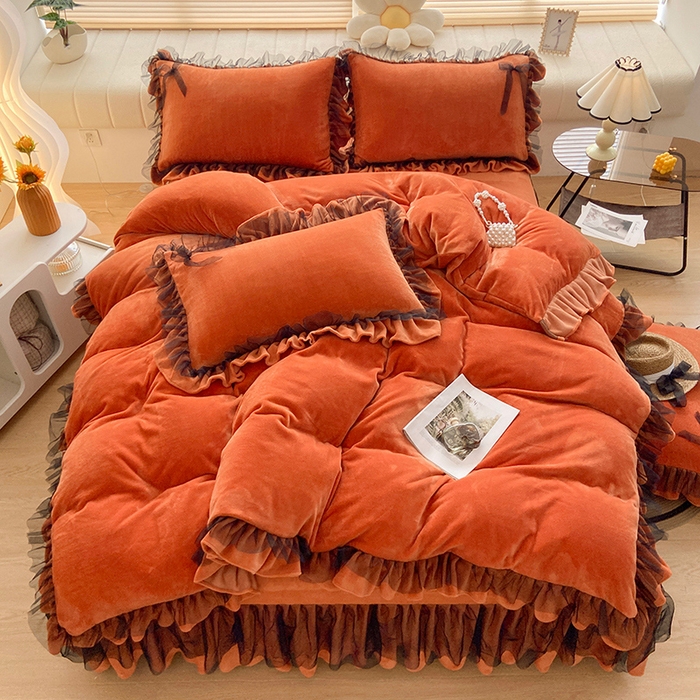 91家纺网 家纺一手货源 找家纺 言熙居 2024新款牛奶绒蕾丝花边黑纱四件套 蕾丝-小清新桔