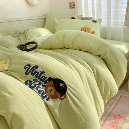 91家纺网 家纺一手货源 找家纺 （总）雨帆 2024新款水洗棉刺绣四件套系列-小熊芝士