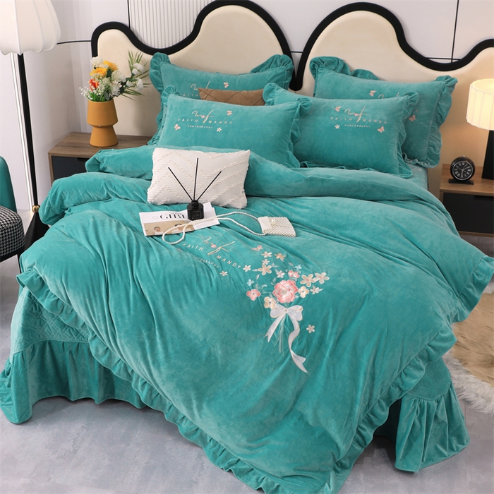 91家纺网 家纺一手货源 找家纺 优姿家纺 2024新品宝宝绒11斤夹棉床盖保暖四件套 今生有约-湖蓝