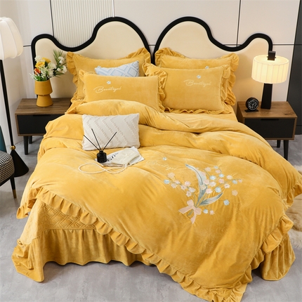 91家纺网 家纺一手货源 找家纺 优姿家纺 2024新品宝宝绒11斤夹棉床盖保暖四件套 铃兰花-姜黄