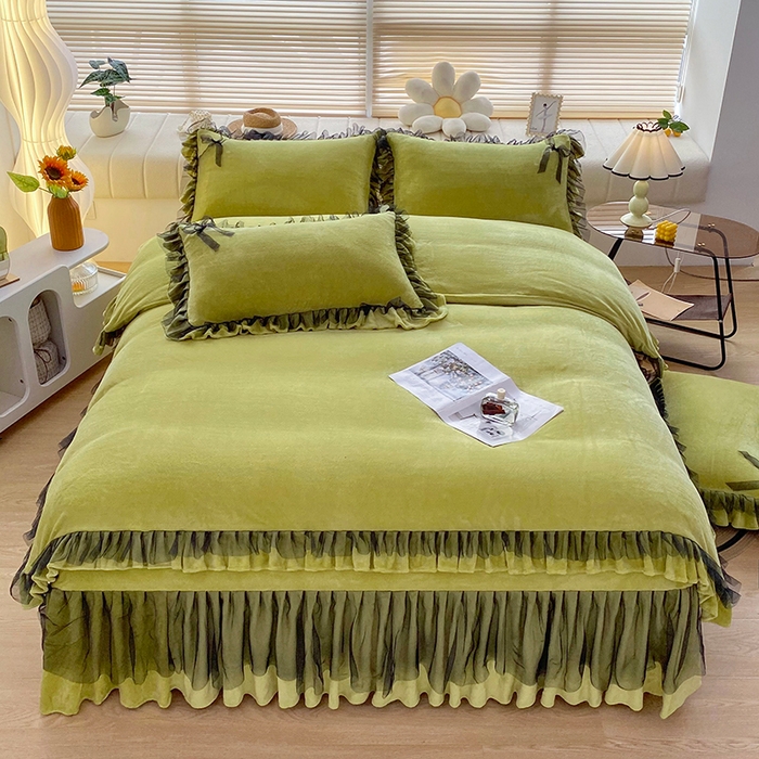 91家纺网 家纺一手货源 找家纺 言熙居 2024新款牛奶绒蕾丝花边黑纱四件套 蕾丝-小清新绿