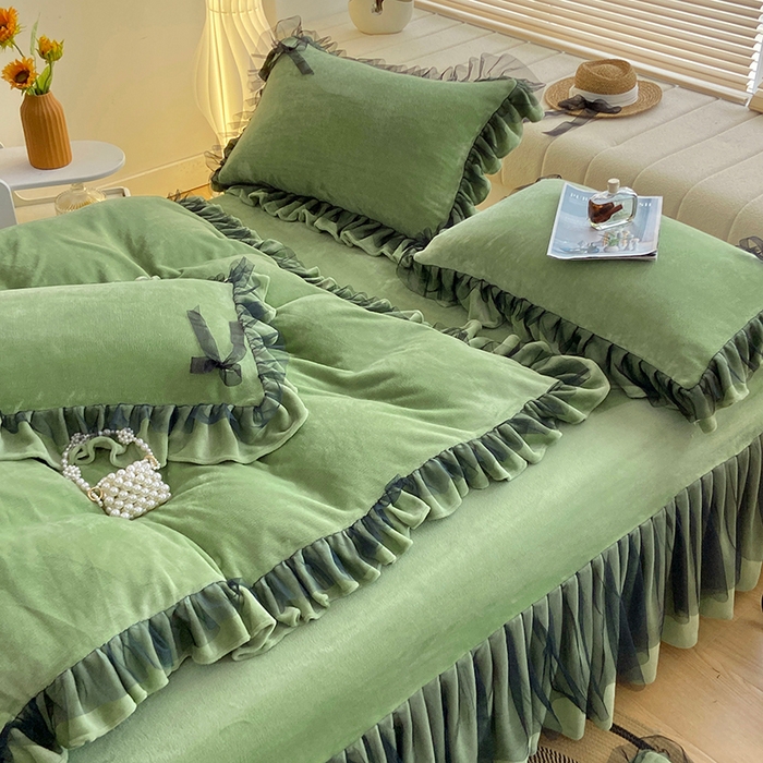 91家纺网 家纺一手货源 找家纺 言熙居 2024新款牛奶绒蕾丝花边黑纱四件套 蕾丝-小清新抹茶绿