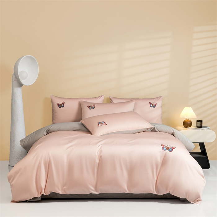 91家纺网 家纺一手货源 找家纺 蓝米卡夫 2024新款A类100支全棉刺绣蝶恋系列四件套(礼盒包装） 蝶恋100支-蔷薇粉配雅士灰