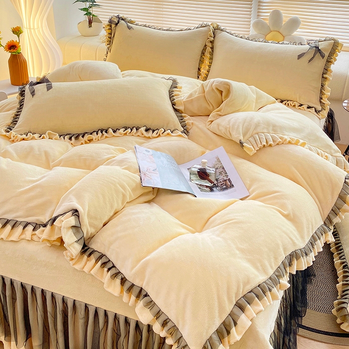 91家纺网 家纺一手货源 找家纺 言熙居 2024新款牛奶绒蕾丝花边黑纱四件套 蕾丝-小清新黄