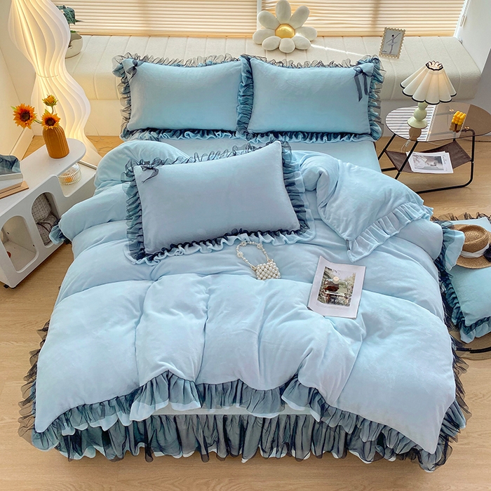 91家纺网 家纺一手货源 找家纺 言熙居 2024新款牛奶绒蕾丝花边黑纱四件套 蕾丝-小清新蓝