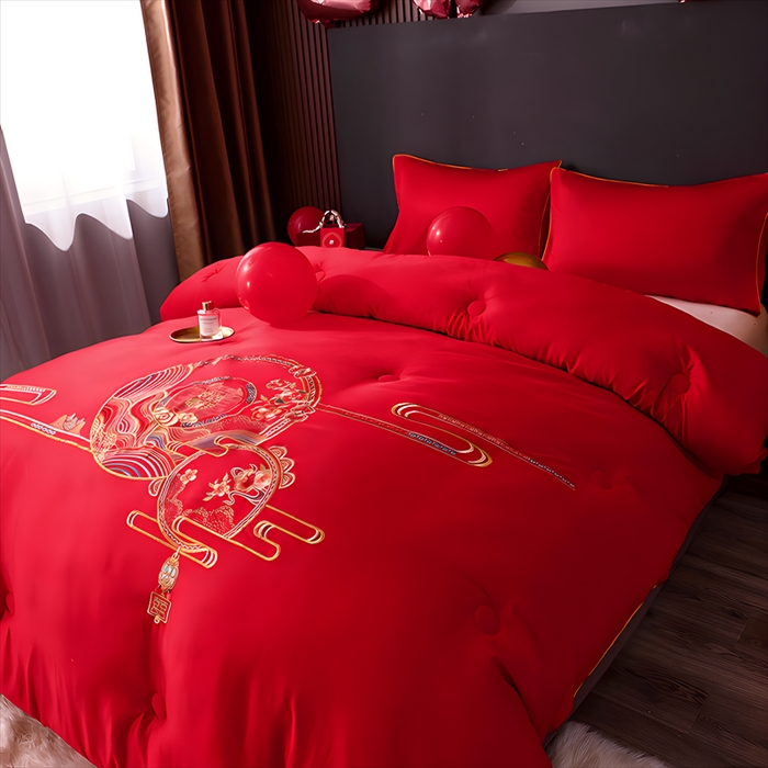 91家纺网 家纺一手货源 找家纺 壹张床 2025新款婚庆被绣花大红大豆被冬被喜庆被芯 吉祥如意