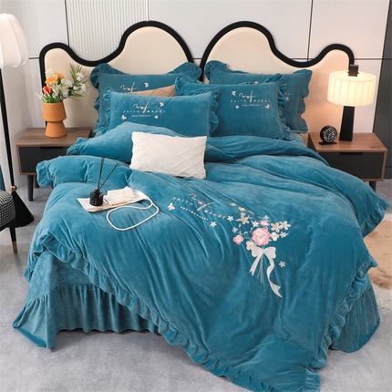 91家纺网 家纺一手货源 找家纺 优姿家纺 2024新品宝宝绒11斤夹棉床盖保暖四件套 今生有约-宝石蓝