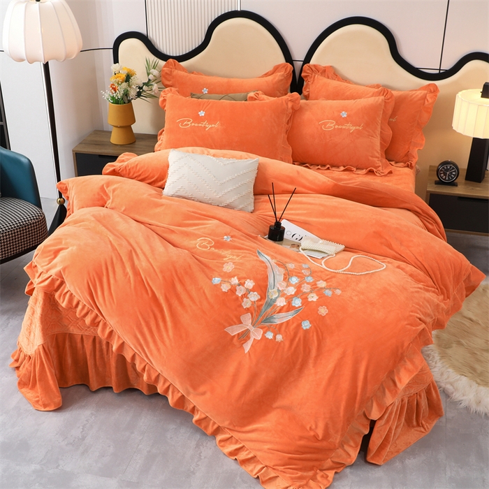 91家纺网 家纺一手货源 找家纺 优姿家纺 2024新品宝宝绒11斤夹棉床盖保暖四件套 铃兰花-橙色