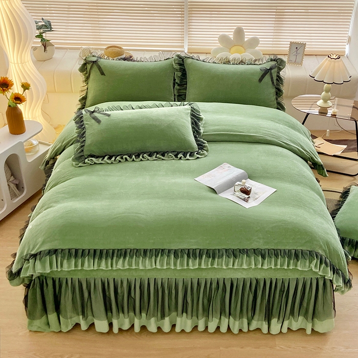 91家纺网 家纺一手货源 找家纺 言熙居 2024新款牛奶绒蕾丝花边黑纱四件套 蕾丝-小清新抹茶绿