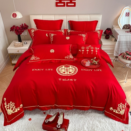 91家纺网 家纺一手货源 找家纺 金麦家纺 2024新款婚庆加厚亲肤棉刺绣套件婚庆四件套六件套小红书推荐 邂逅