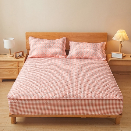 多谷家纺 2024新款格子无印风系列棉花夹棉床笠 粉小格