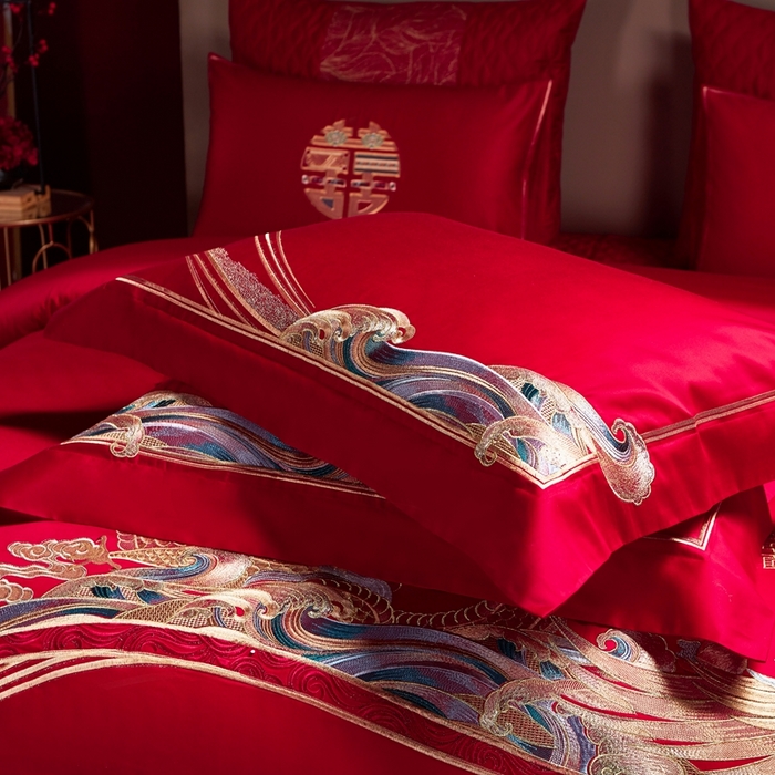 91家纺网 家纺一手货源 找家纺 美娘阁 2025新款长绒棉贡缎新中式古典韵味精美刺绣婚庆四件套多件套系列 相爱相守