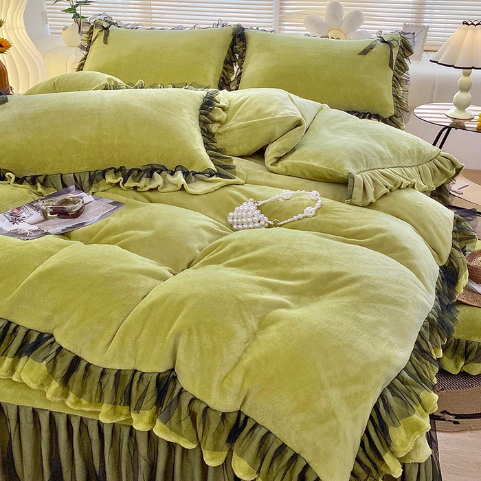 91家纺网 家纺一手货源 找家纺 言熙居 2024新款牛奶绒蕾丝花边黑纱四件套 蕾丝-小清新绿