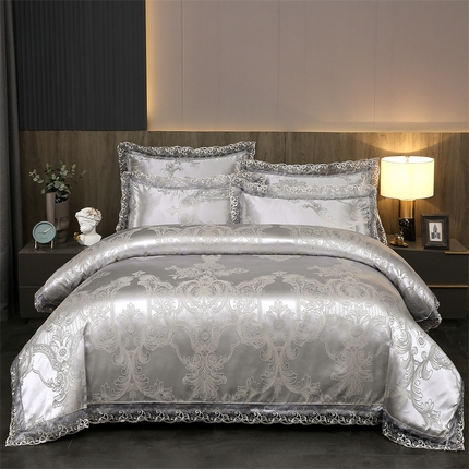 91家纺网 家纺一手货源 找家纺 提花大世界 2025新款布拉诺蕾丝提花莫代尔四件套 墨韵星河-金属灰