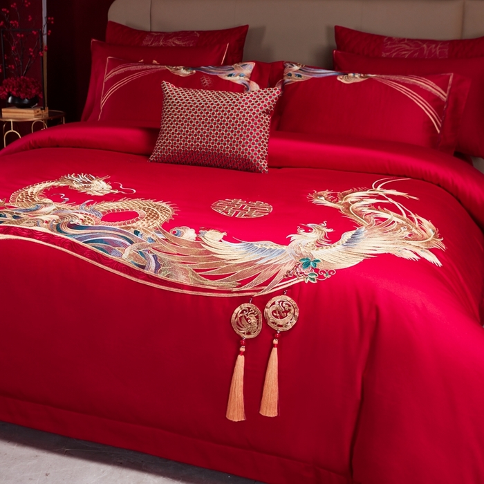 91家纺网 家纺一手货源 找家纺 美娘阁 2025新款长绒棉贡缎新中式古典韵味精美刺绣婚庆四件套多件套系列 相爱相守