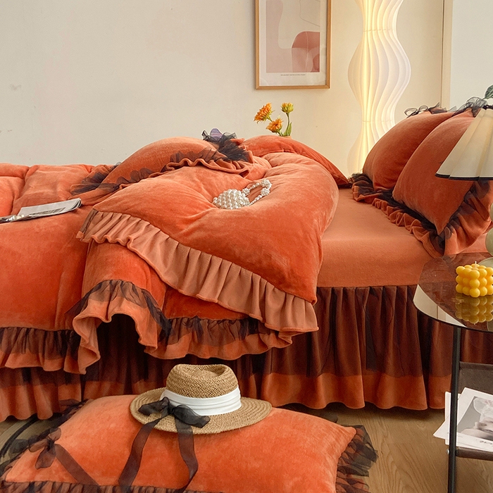 91家纺网 家纺一手货源 找家纺 言熙居 2024新款牛奶绒蕾丝花边黑纱四件套 蕾丝-小清新桔