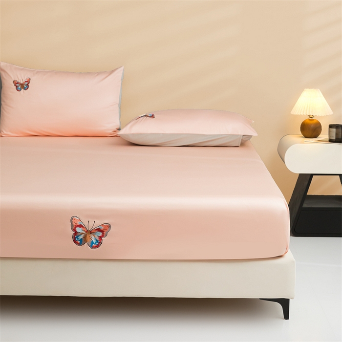 91家纺网 家纺一手货源 找家纺 （总）蓝米卡夫 2024新款A类100支全棉刺绣蝶恋系列单床笠三件套