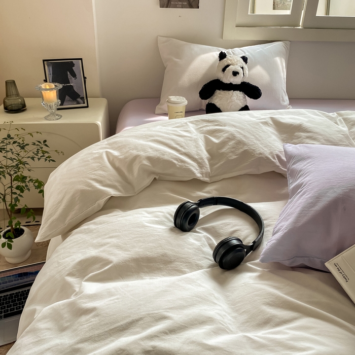 91家纺网 家纺一手货源 找家纺 繁花 2024新款纯色水洗棉素色四件套 可可白+紫