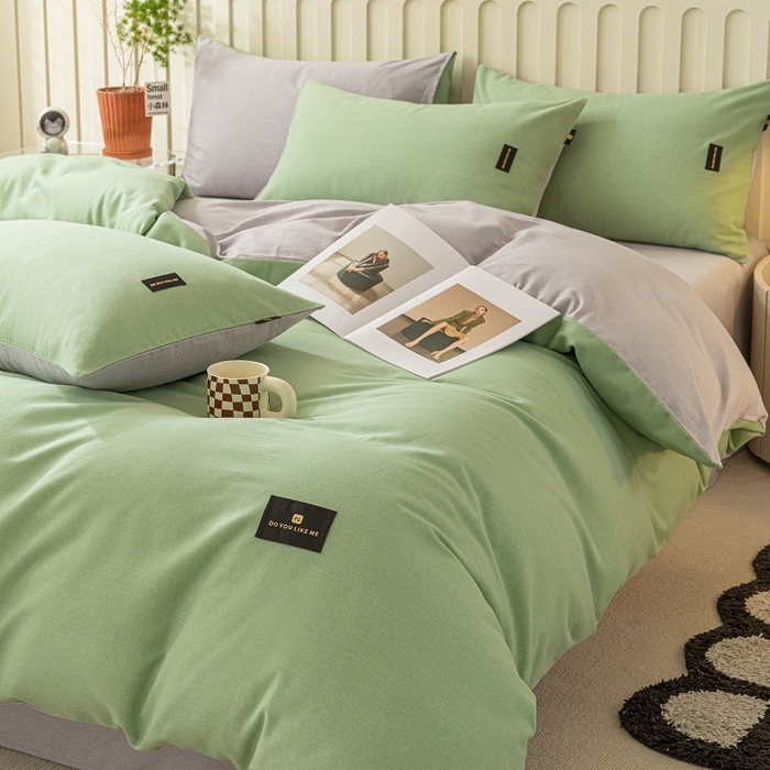 91家纺网 家纺一手货源 找家纺 涵宸家纺 2024新款原棉纯色织标磨毛单品及套件--被套 豆绿+浅灰