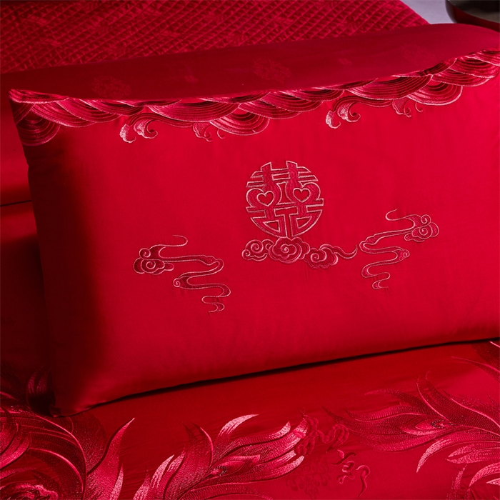 91家纺网 家纺一手货源 找家纺 宏羽纺家纺 2024新款高支高密纯棉提花婚庆套件系列（控价680） 凤凰来仪-红