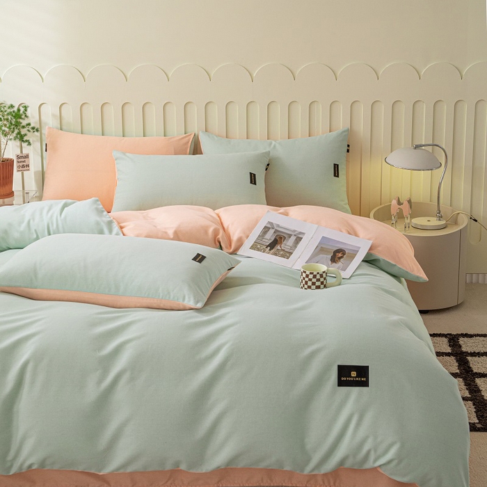 91家纺网 家纺一手货源 找家纺 涵宸家纺 2024新款原棉纯色织标磨毛单品及套件--四件套 浅绿+粉