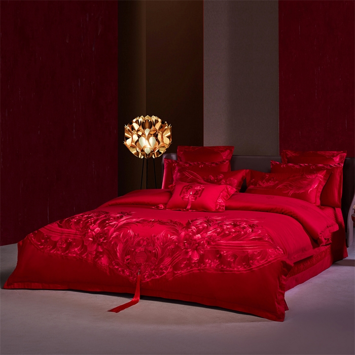 91家纺网 家纺一手货源 找家纺 宏羽纺家纺 2024新款高支高密纯棉提花婚庆套件系列（控价680） 凤凰来仪-红