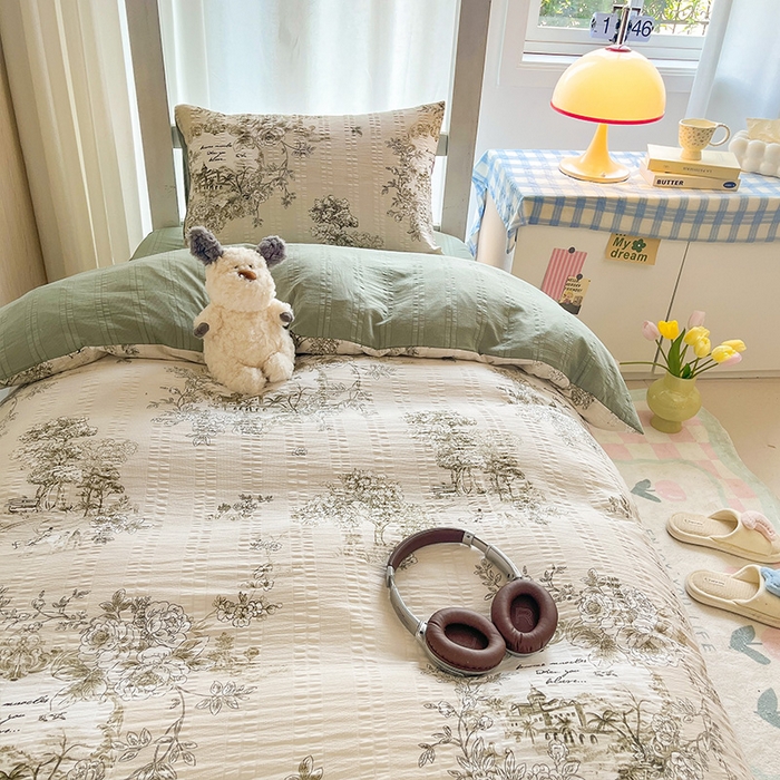 91家纺网 家纺一手货源 找家纺 安哆啦家纺 2024新款A类有氧泡泡纱云纱棉学生季宿舍床三四件套 山水间