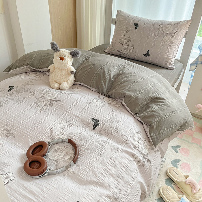 91家纺网 家纺一手货源 找家纺 安哆啦家纺 2024新款A类有氧泡泡纱云纱棉学生季宿舍床三四件套 蝶恋花