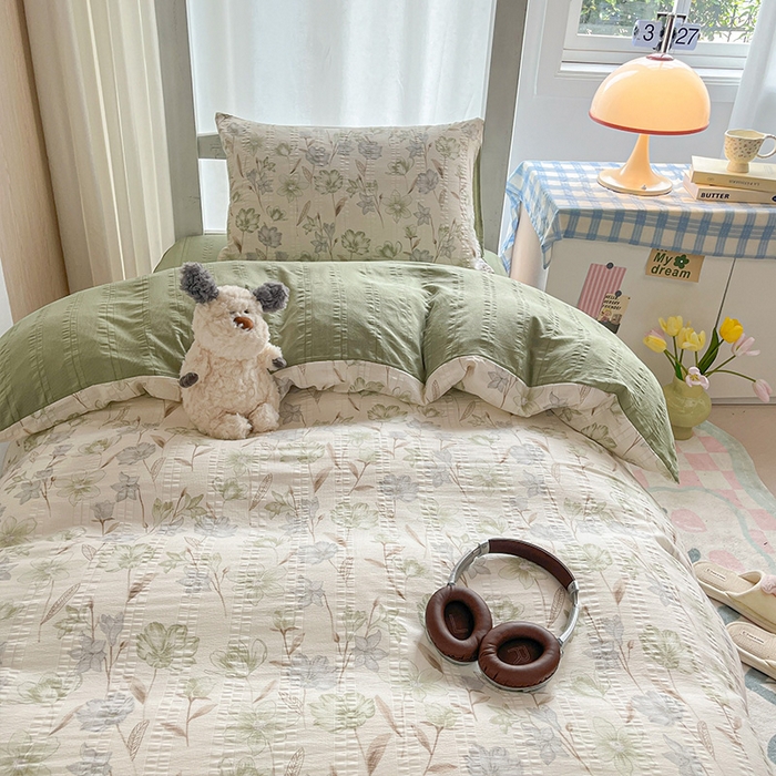 91家纺网 家纺一手货源 找家纺 安哆啦家纺 2024新款A类有氧泡泡纱云纱棉学生季宿舍床三四件套 花韵