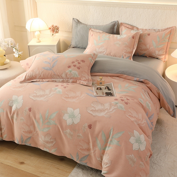 91家纺网 家纺一手货源 找家纺 帛美家纺 2024新款加厚纯棉全棉磨毛印花四件套 兰亭序粉