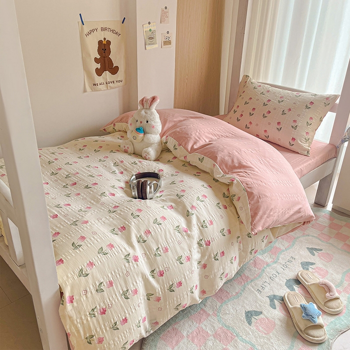 91家纺网 家纺一手货源 找家纺 安哆啦家纺 2024新款A类有氧泡泡纱云纱棉学生季宿舍床三四件套 花香