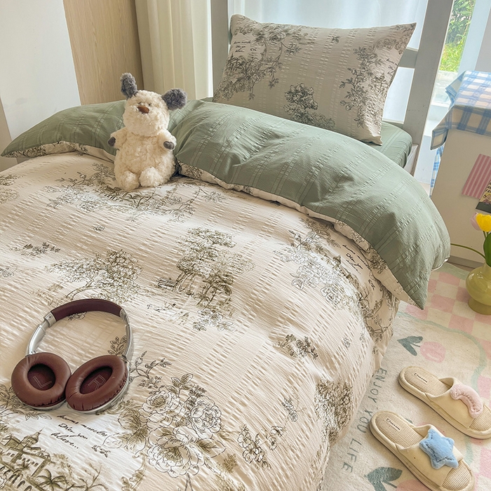 91家纺网 家纺一手货源 找家纺 安哆啦家纺 2024新款A类有氧泡泡纱云纱棉学生季宿舍床三四件套 山水间