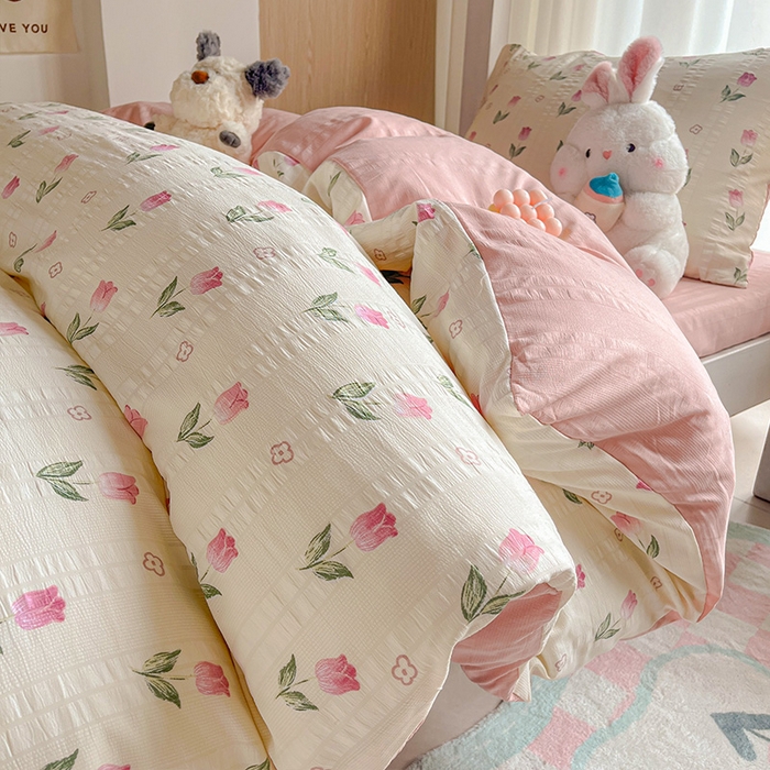 91家纺网 家纺一手货源 找家纺 安哆啦家纺 2024新款A类有氧泡泡纱云纱棉学生季宿舍床三四件套 花香