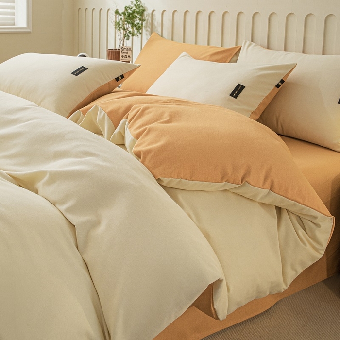 91家纺网 家纺一手货源 找家纺 涵宸家纺 2024新款原棉纯色织标磨毛单品及套件--四件套 奶昔白+桔