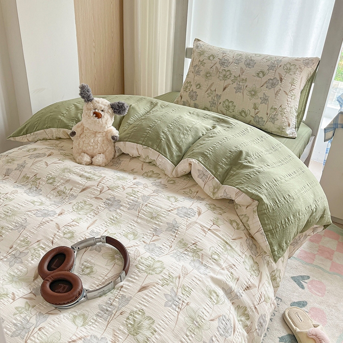 91家纺网 家纺一手货源 找家纺 安哆啦家纺 2024新款A类有氧泡泡纱云纱棉学生季宿舍床三四件套 花韵