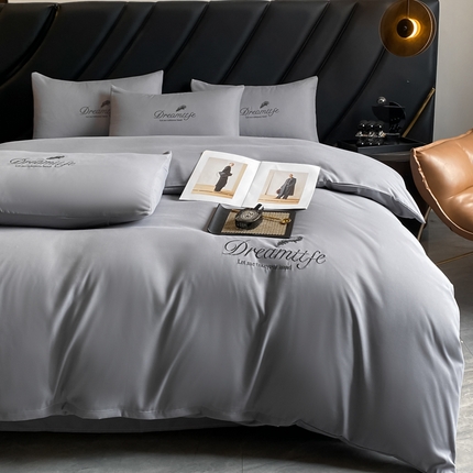 91家纺网 家纺一手货源 找家纺 伊梵居 2025新款梦羽系列刺绣水洗棉磨毛四件套 梦羽-山灰色