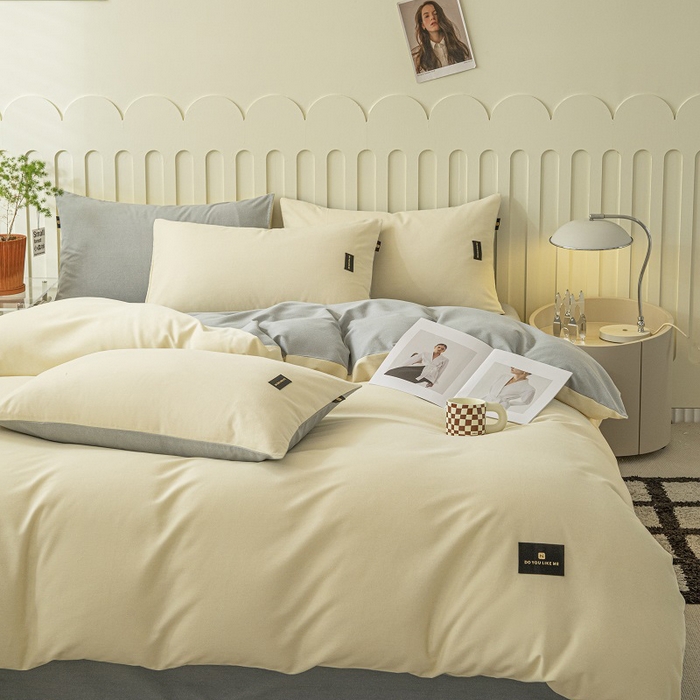 91家纺网 家纺一手货源 找家纺 涵宸家纺 2024新款原棉纯色织标磨毛单品及套件--四件套 奶昔白+浅灰