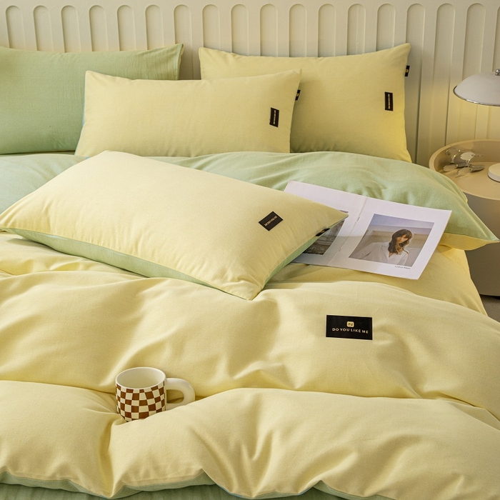 91家纺网 家纺一手货源 找家纺 涵宸家纺 2024新款原棉纯色织标磨毛单品及套件--四件套 奶黄+豆绿