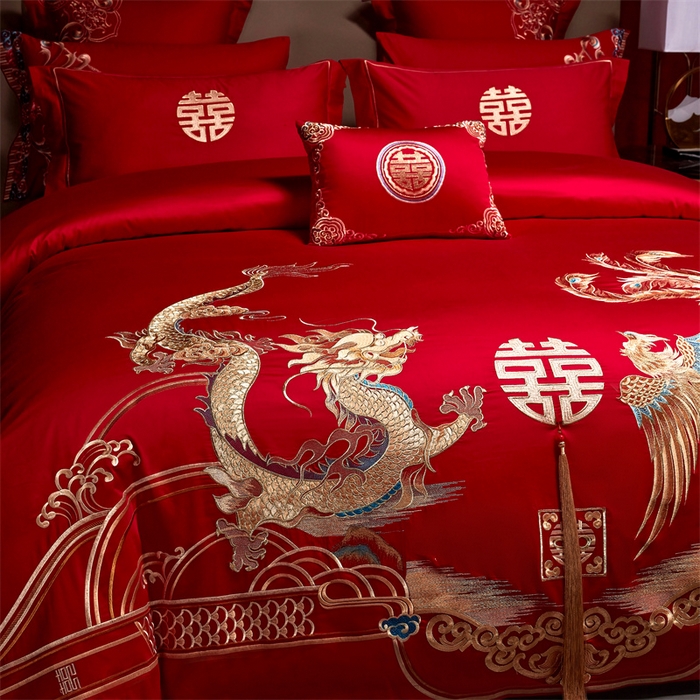 91家纺网 家纺一手货源 找家纺 宏羽纺家纺 2024新款13372纯棉婚庆套件系列 龙凤爱恋