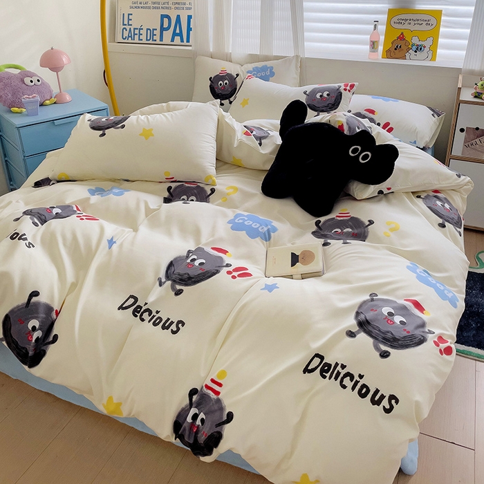 91家纺网 家纺一手货源 找家纺 慕晨 2024开学季新款学生宿舍三件套被套小清新卡通超柔水洗云朵棉皱皱泡泡棉四件套 黑煤球