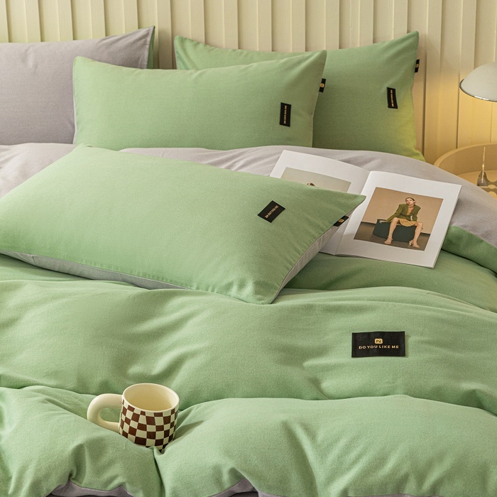 91家纺网 家纺一手货源 找家纺 涵宸家纺 2024新款原棉纯色织标磨毛单品及套件--被套 豆绿+浅灰