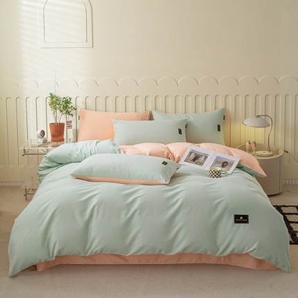 涵宸家纺 2024新款原棉纯色织标磨毛单品及套件--四件套 浅绿+粉