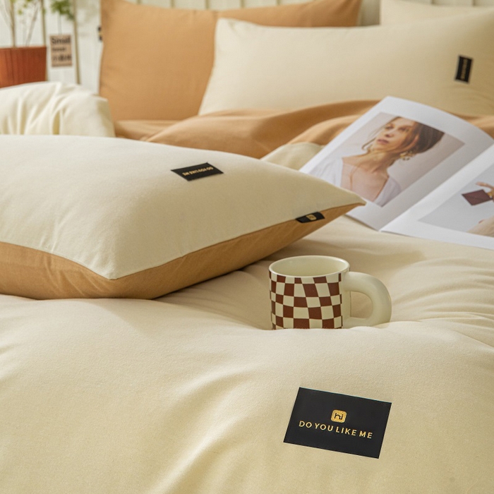 91家纺网 家纺一手货源 找家纺 涵宸家纺 2024新款原棉纯色织标磨毛单品及套件--四件套 奶昔白+咖